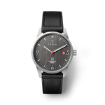 Humanium metal watch by Triwa, black quadrant and black leather strap sold at UNDP Shop