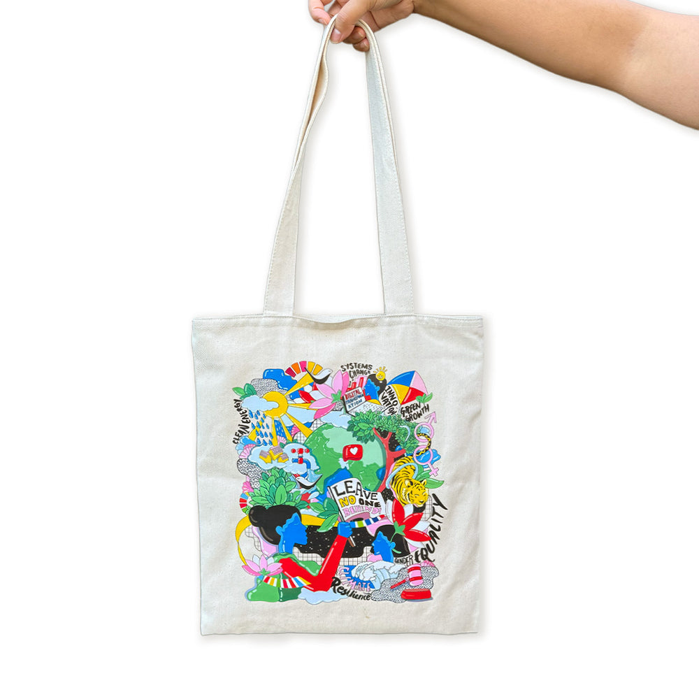 SDGs Canvas Tote Bag with Original Artwork. available at the UN Development Programme Shop.