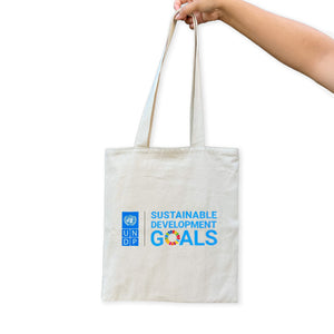 SDGs Canvas Tote Bag with Original Artwork backside. available at the UN Development Programme Shop.
