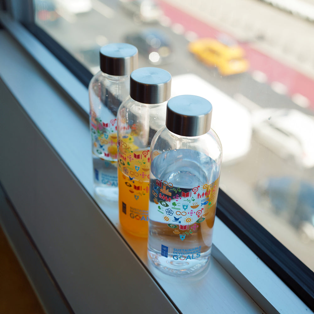 Three SDGs bottles place by a window