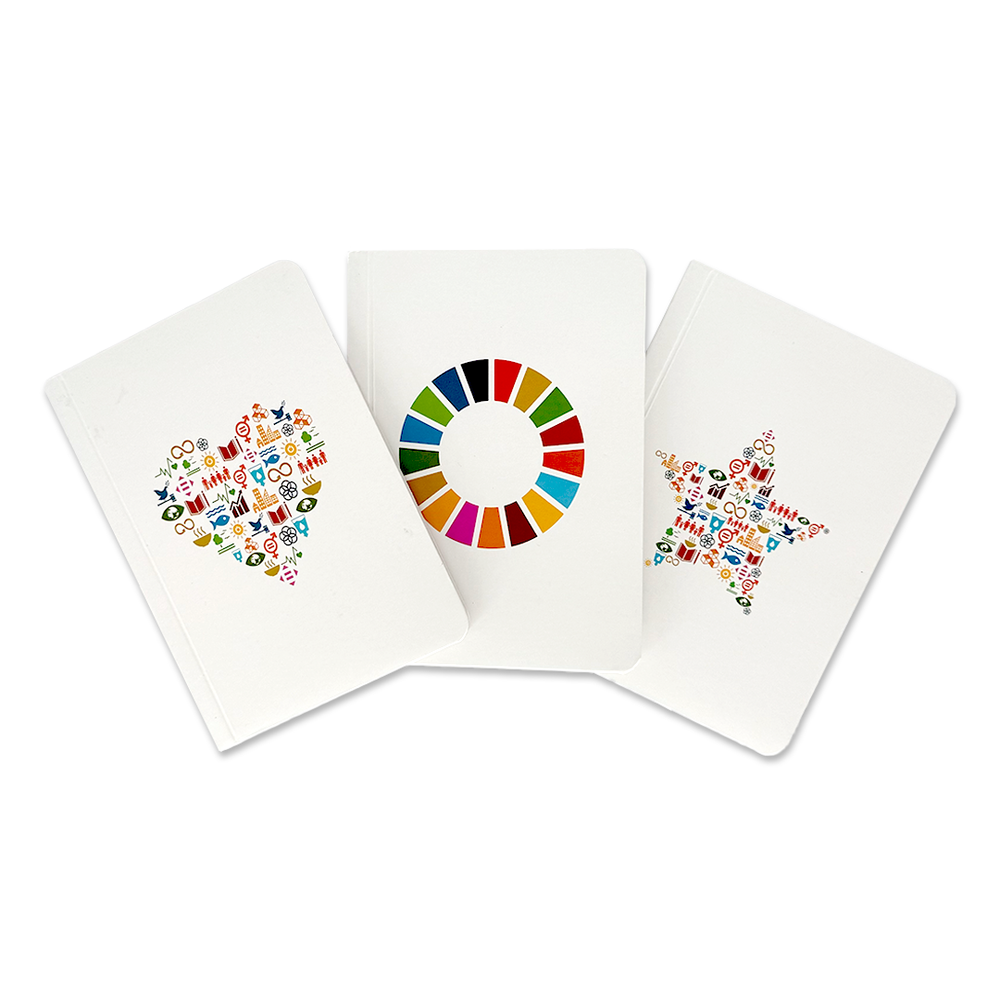 Set of three sustainable SDGs Mini Notebooks made from recycled paper, featuring heart, wheel, and star designs with colorful Sustainable Development Goals icons.