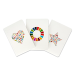 Set of three sustainable SDGs Mini Notebooks made from recycled paper, featuring heart, wheel, and star designs with colorful Sustainable Development Goals icons.