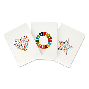 Set of three sustainable SDGs Mini Notebooks made from recycled paper, featuring heart, wheel, and star designs with colorful Sustainable Development Goals icons.