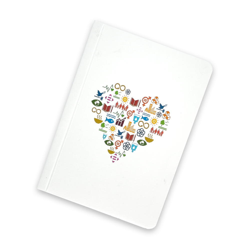 SDGs Mini Notebook featuring the heart design on the compact with cover 