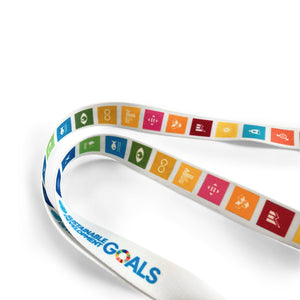 Close up of the UNDP Shop SDGs Retractable Lanyard  made in recycled materials.