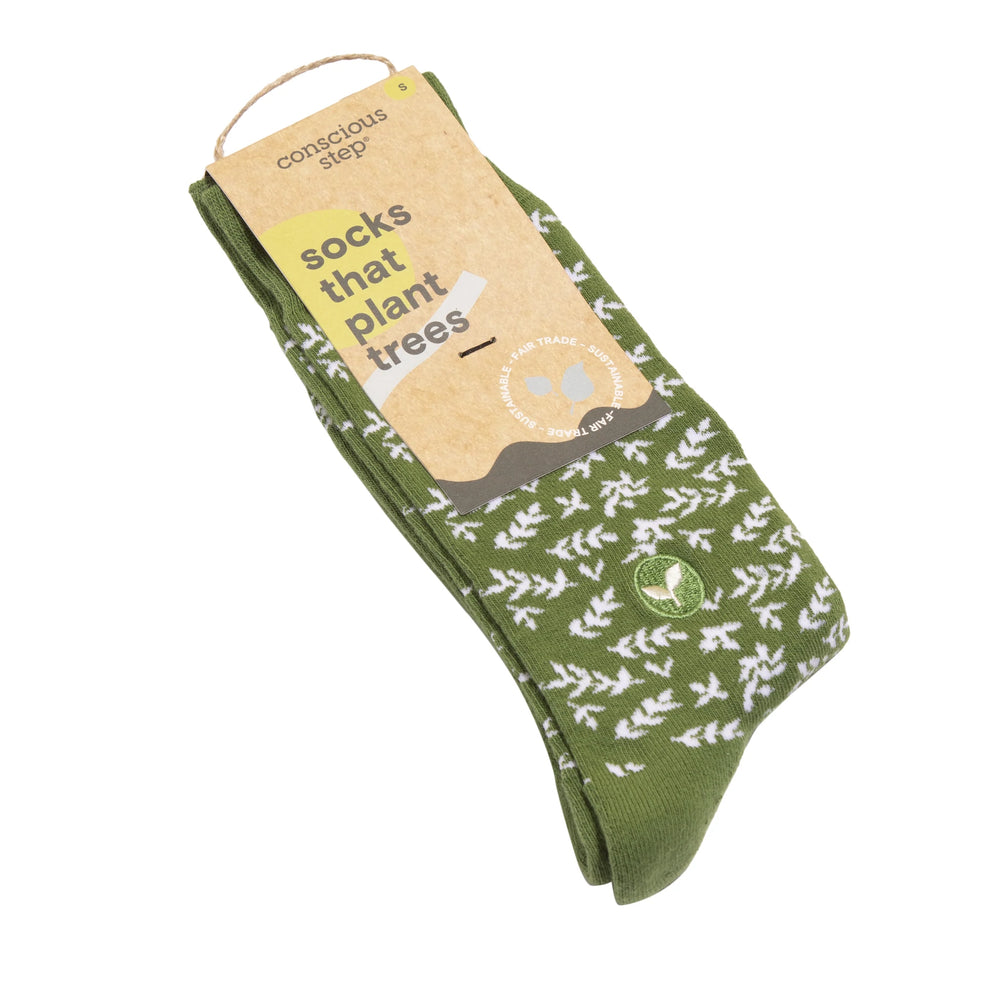 green socks with green leaves prints. Socks that plant trees 