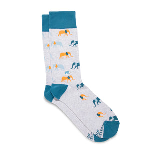 Grey socks with elephant prints on orange and blue 