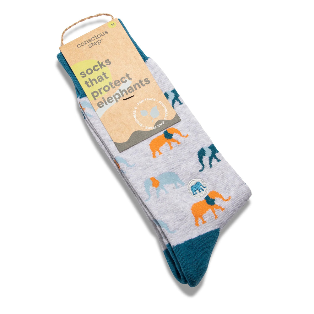 Grey socks with orange and blue elephants